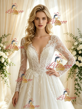 Beige White Tulle Lace Long Sleeve Wedding Dress
