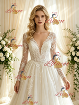 Beige White Tulle Lace Long Sleeve Wedding Dress