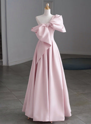 Burgundy Satin One Shoulder Bow Prom Dress