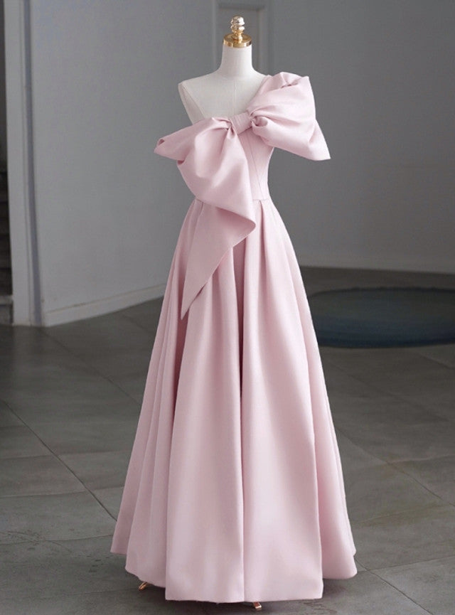 Burgundy Satin One Shoulder Bow Prom Dress