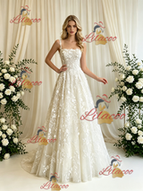 Beige Wite Lace Straps Wedding Dress