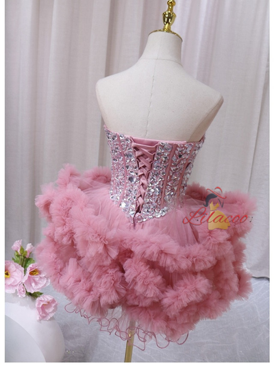 Pink Tulle Crystal Homecoming Dress