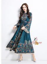 Retro Stand-up Breasted Flared Sleeve Printed Dress