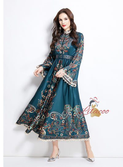 Retro Stand-up Breasted Flared Sleeve Printed Dress