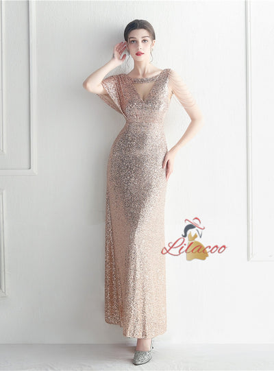 Scoop Neck Sequins Beading Prom Dress