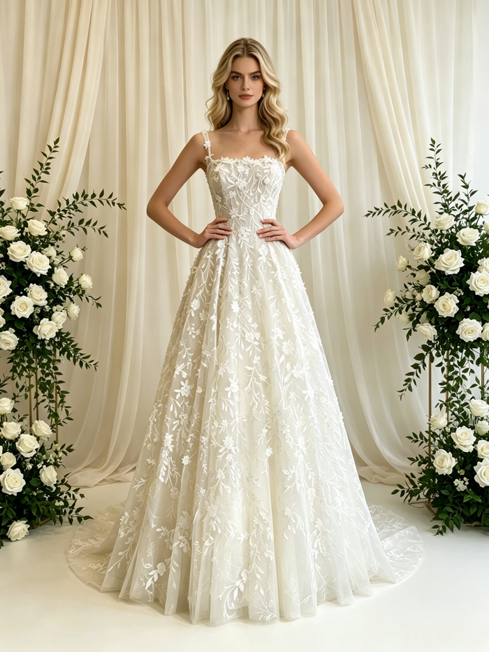 Beige Wite Lace Straps Wedding Dress