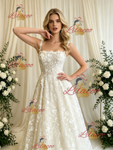 Beige Wite Lace Straps Wedding Dress