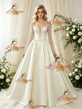 Ivory Satin Long Sleeve Beading Wedding Dress