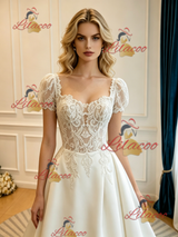 Beige White Satin Short Sleeve Lace Wedding Dress