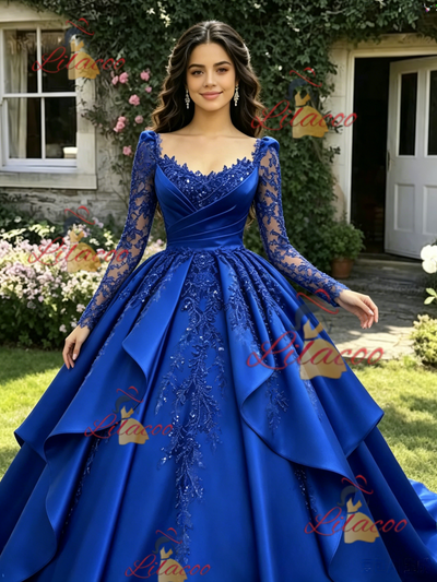 Royal Blue Satin Long Sleeve Appliques Quinceanera Dress