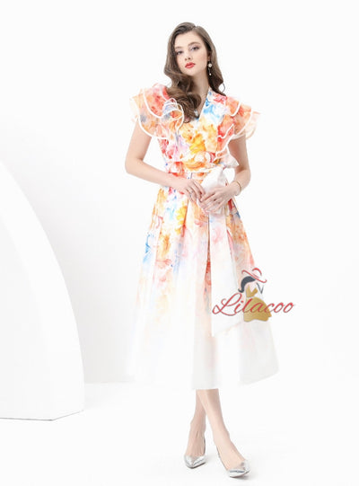 Lotus Leaf V-neck Slim Printed Long Dress