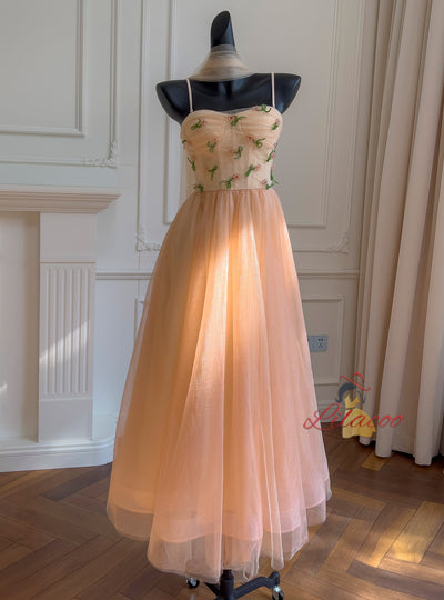 Orange Tulle Straps Beading Prom Dress