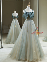Blue Tulle Straps Bow Beading Prom Dress