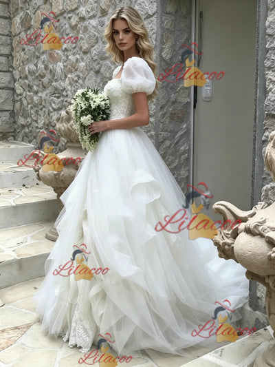 White Tulle Puff Sleeve Lace Wedding Dress