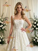 Beige Wite Lace Straps Wedding Dress