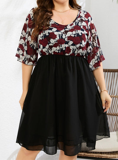 V-neck Rose Printed Chiffon Short-sleeved Dress