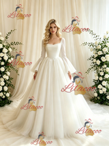 Beige White Tulle Long Sleeve Wedding Dress