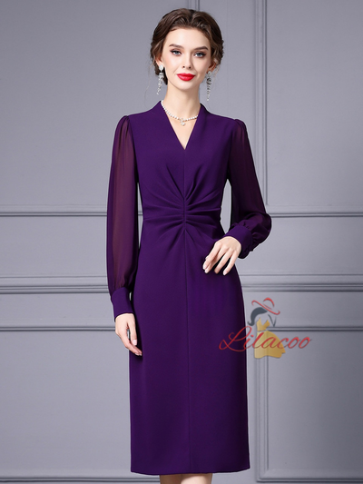 Purple V-neck Pleats Mother Of The Bride Dress