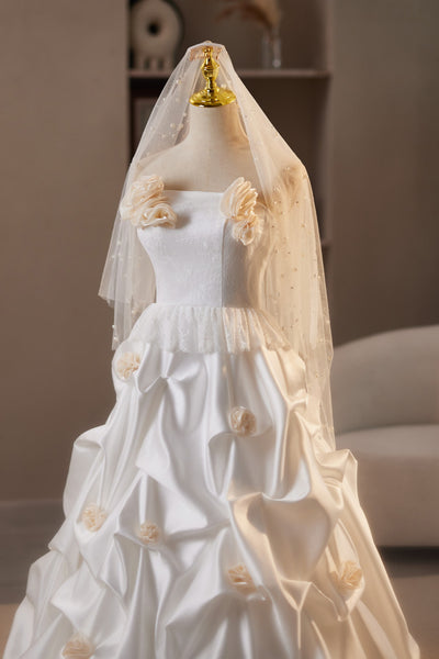 White Satin Lace Strapless Flower Wedding Dress