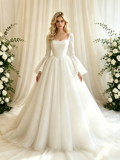 Beige White Tulle Long Sleeve Wedding Dress