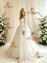 Beige White Tulle Long Sleeve Wedding Dress