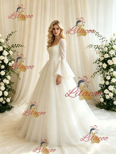 Beige White Tulle Long Sleeve Wedding Dress