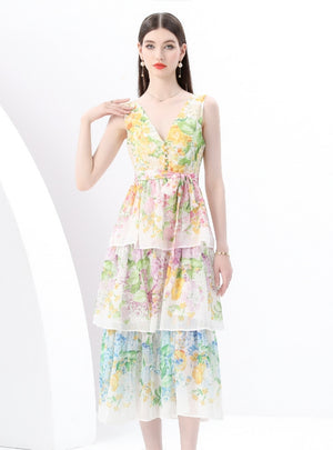V-neck Sleeveless Floral Print Long Dress