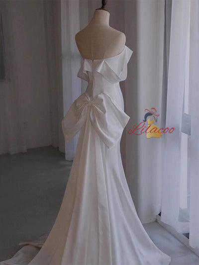 White Mermaid Bow Satin Wedding Dress