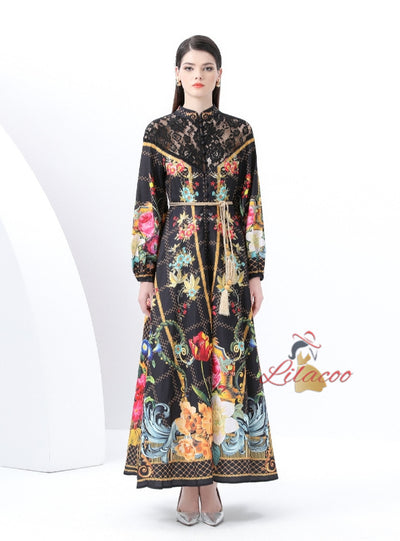 Retro Breasted Lace Print Dress