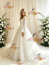 Beige White Tulle Long Sleeve Wedding Dress