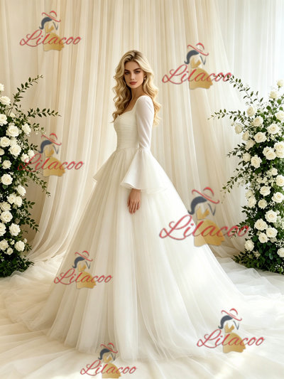 Beige White Tulle Long Sleeve Wedding Dress