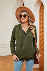 Button Drawstring Pocket Long Sleeve Top