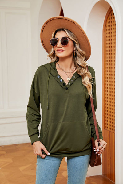 Button Drawstring Pocket Long Sleeve Top