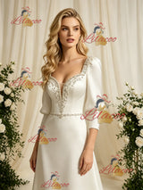 Beige Satin Long Sleeve Beading Wedding Dress