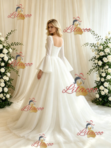 Beige White Tulle Long Sleeve Wedding Dress