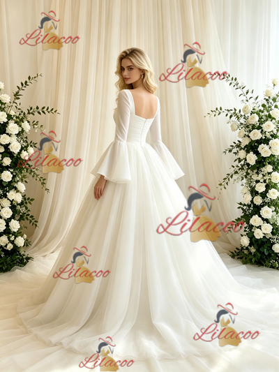 Beige White Tulle Long Sleeve Wedding Dress