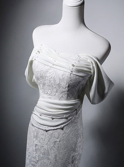 White Mermaid Lace Pearls Wedding Dress