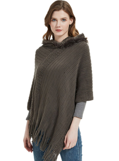 Solid Color Striped Fringed Hooded Cloak
