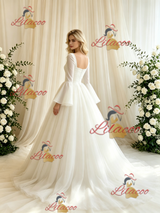 Beige White Tulle Long Sleeve Wedding Dress