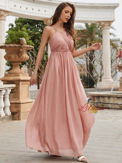 Pink Chiffon Halter Pleats Prom Dress