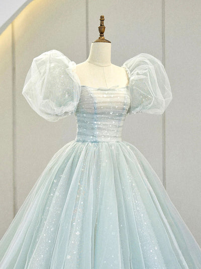 Light Blue Tulle Sequins Puff Sleeve Pleats Prom Dress