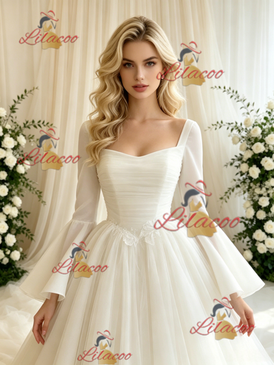 Beige White Tulle Long Sleeve Wedding Dress