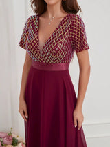 Chiffon Sequins V-neck Short Sleeve Prom Dress