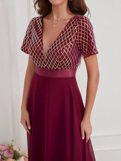 Chiffon Sequins V-neck Short Sleeve Prom Dress