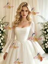 Beige White Tulle Long Sleeve Wedding Dress