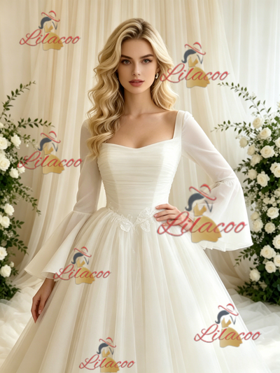 Beige White Tulle Long Sleeve Wedding Dress