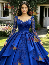 Royal Blue Satin Long Sleeve Appliques Quinceanera Dress