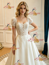 Beige White Satin Short Sleeve Lace Wedding Dress