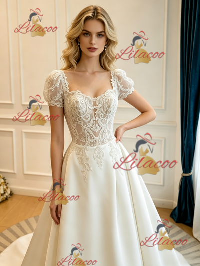 Beige White Satin Short Sleeve Lace Wedding Dress