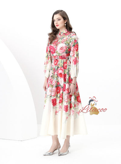 Retro Breasted Stitching Printed Long Dress